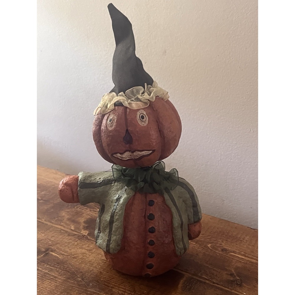 VTG Folk Art Primitive Paper Mache Style Halloween Pumpkin Bobble Head